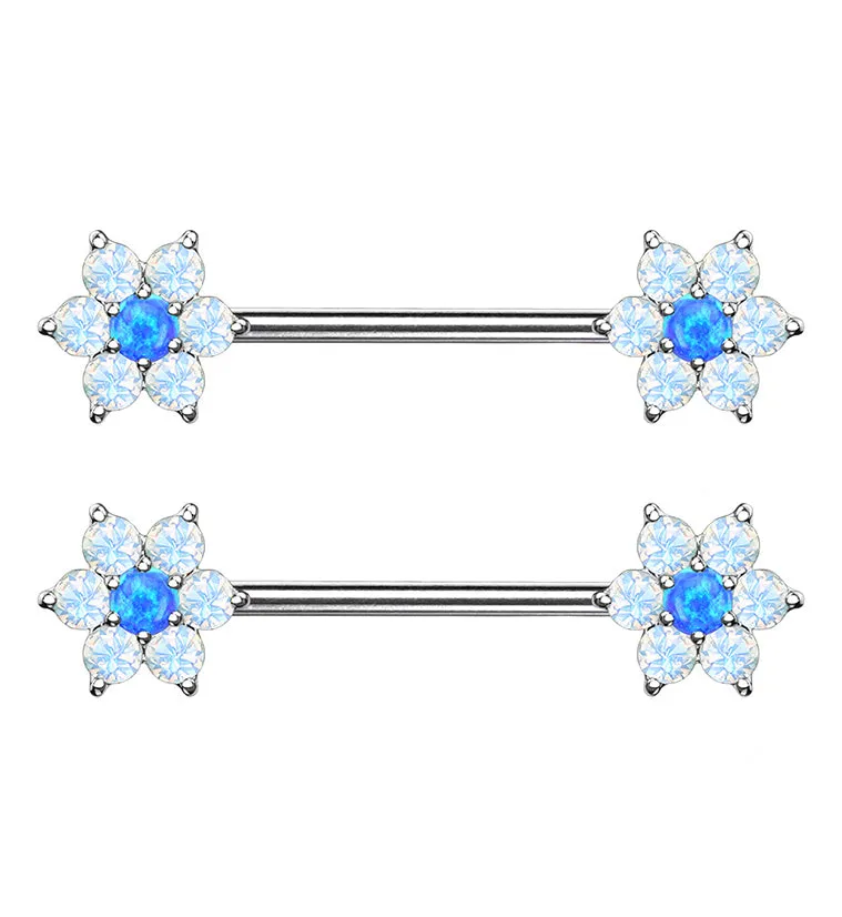 14G Blue & White Opalite Flower Nipple Ring Barbell