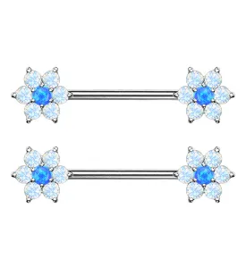 14G Blue & White Opalite Flower Nipple Ring Barbell