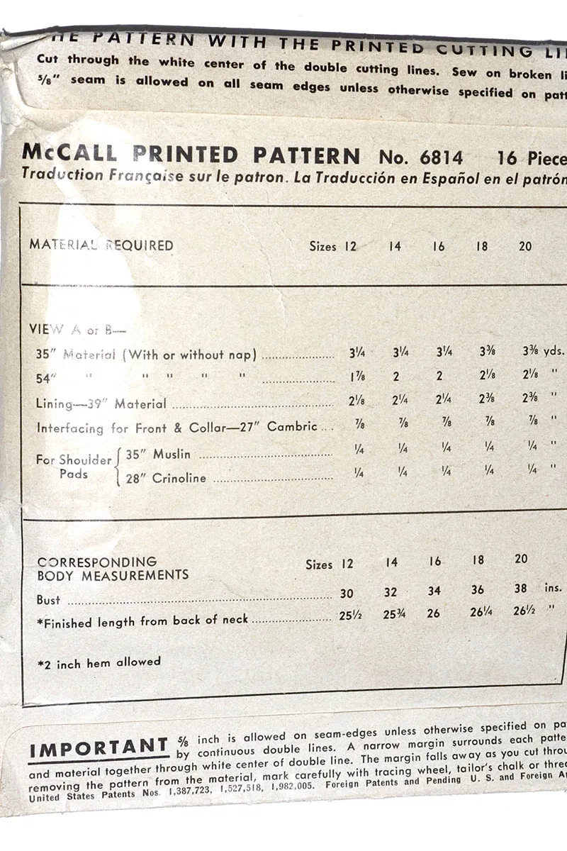 1947 Vintage Jacket Sewing Pattern McCall 6814