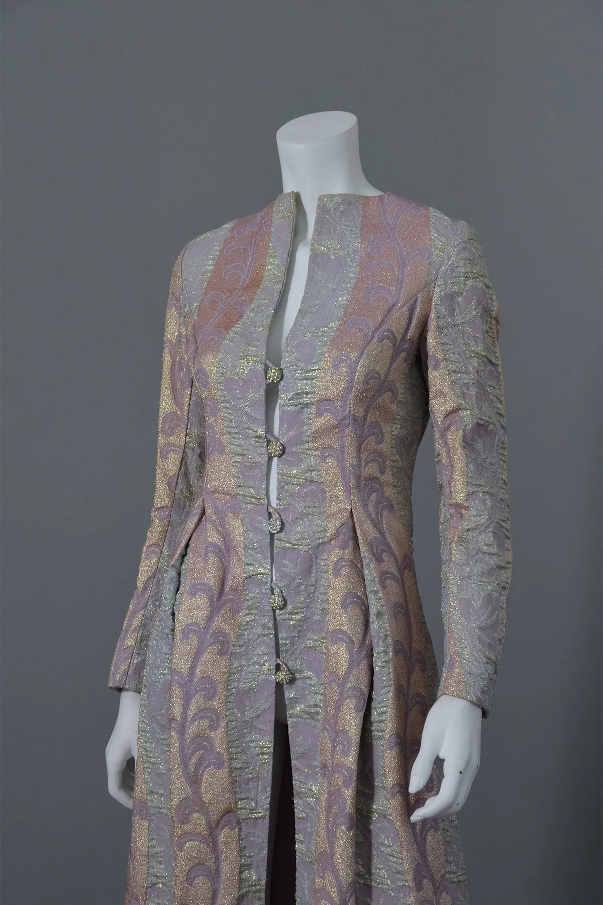 1960s 70s Lurex Brocade Maxi Evening Dress Coat XS