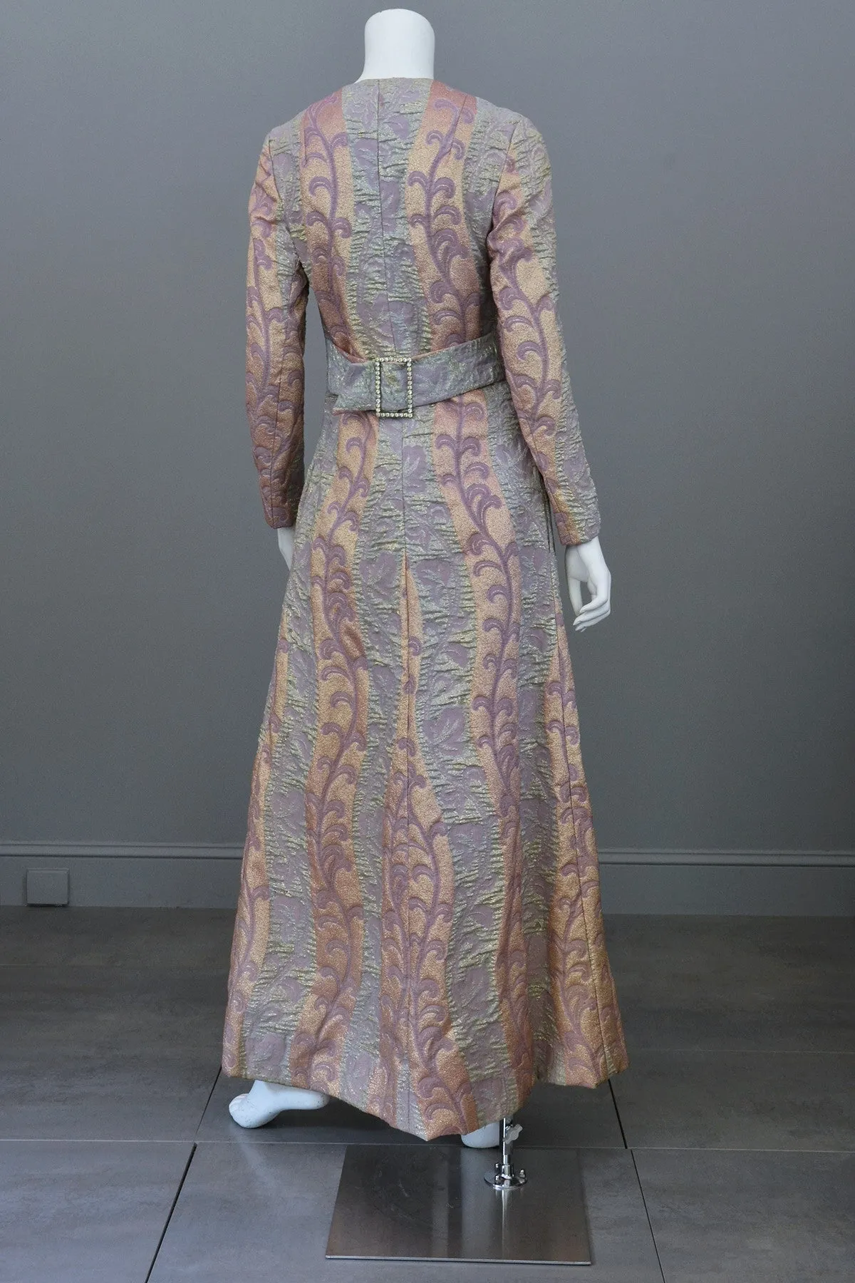 1960s 70s Lurex Brocade Maxi Evening Dress Coat XS