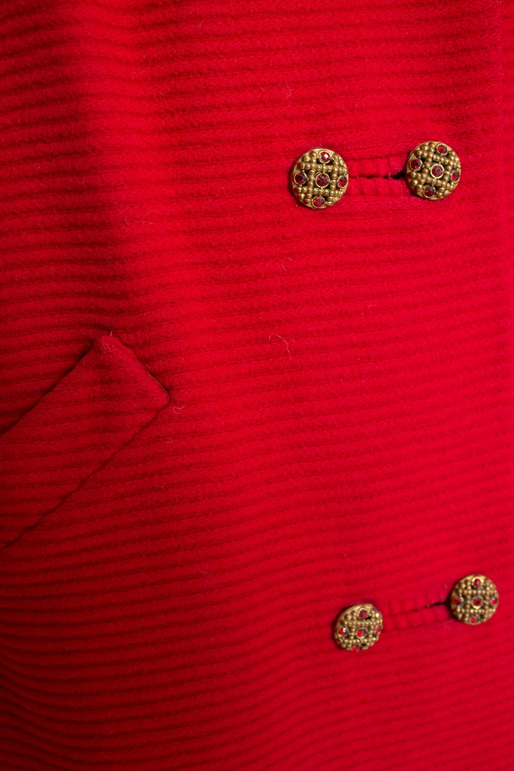 1960s Coat Red Wool Ribbed Rhinestone Buttons M / L