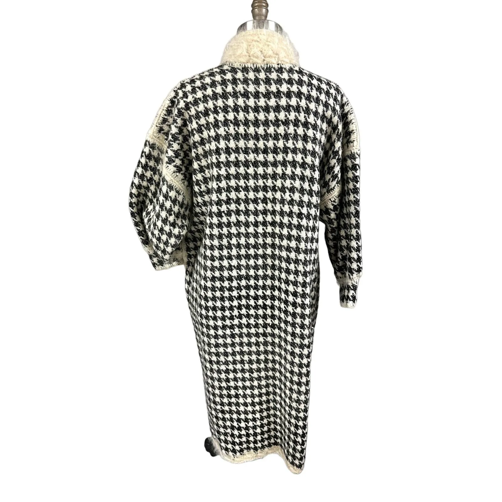 80s VTG Mohair /Wool Reversible B&W Houndstooth/ Cream Sweater Coat Womens L/XL