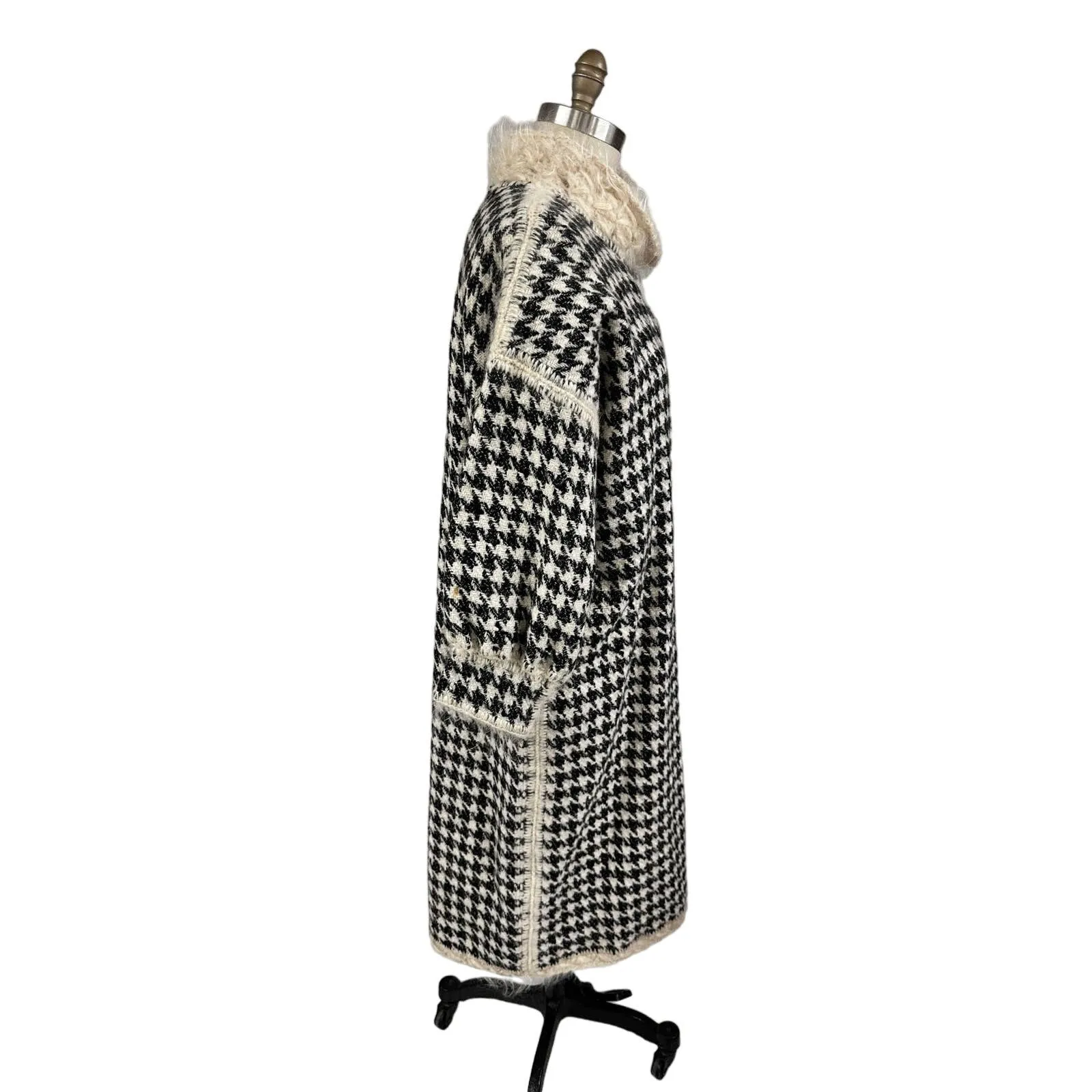 80s VTG Mohair /Wool Reversible B&W Houndstooth/ Cream Sweater Coat Womens L/XL