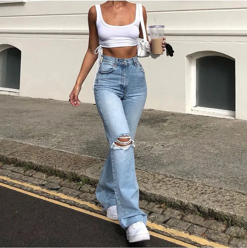 Advbridge  -  New High Waist Ripped Boot Cut Jeans For Women Fashion Stretch Knee Ripped Denim Flared Pants Casual Female Trousers S-2XL