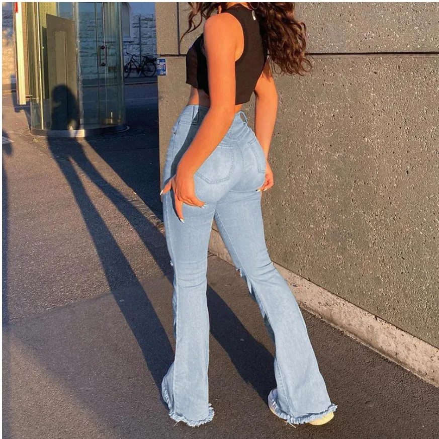 Advbridge  -  New High Waist Ripped Boot Cut Jeans For Women Fashion Stretch Knee Ripped Denim Flared Pants Casual Female Trousers S-2XL