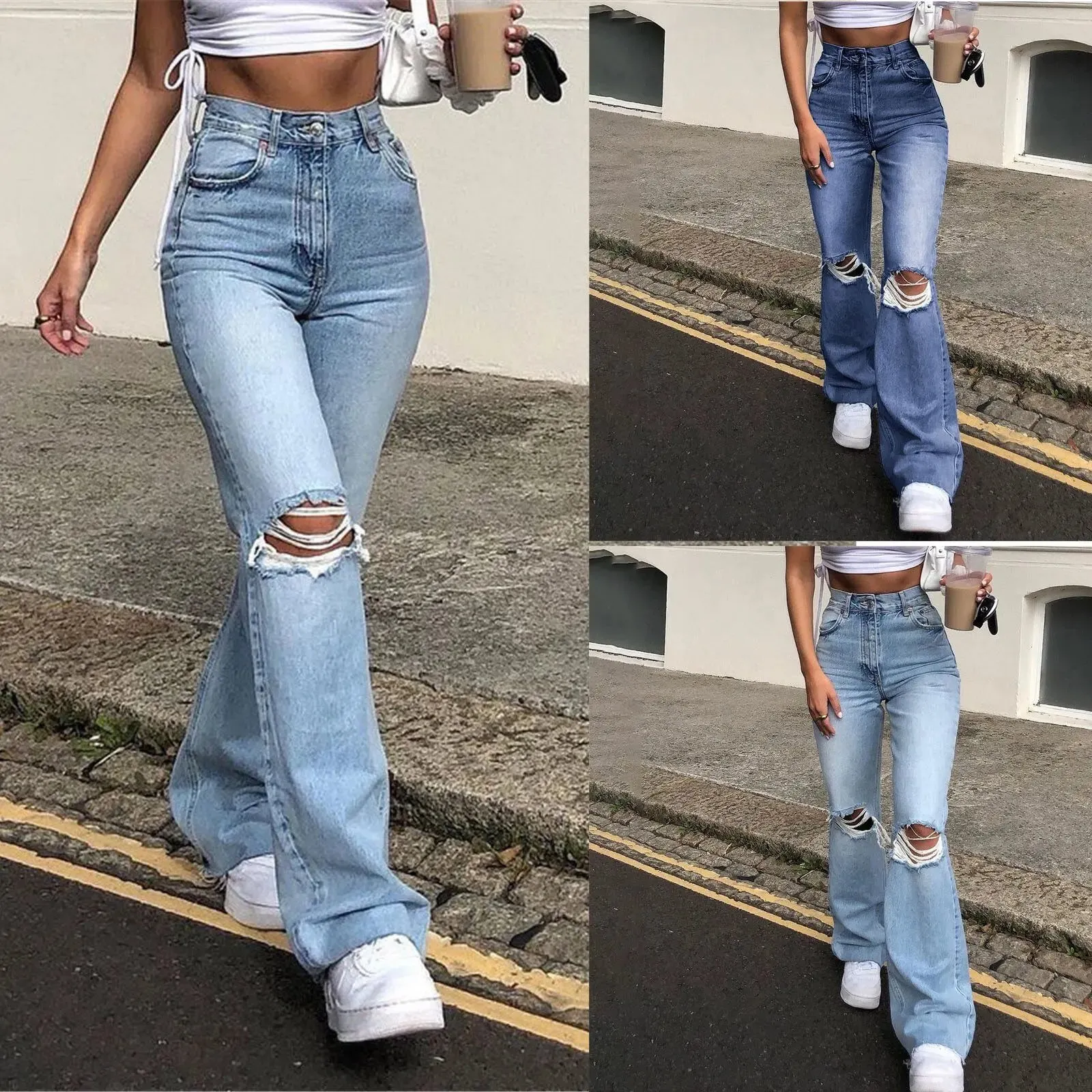 Advbridge  -  New High Waist Ripped Boot Cut Jeans For Women Fashion Stretch Knee Ripped Denim Flared Pants Casual Female Trousers S-2XL