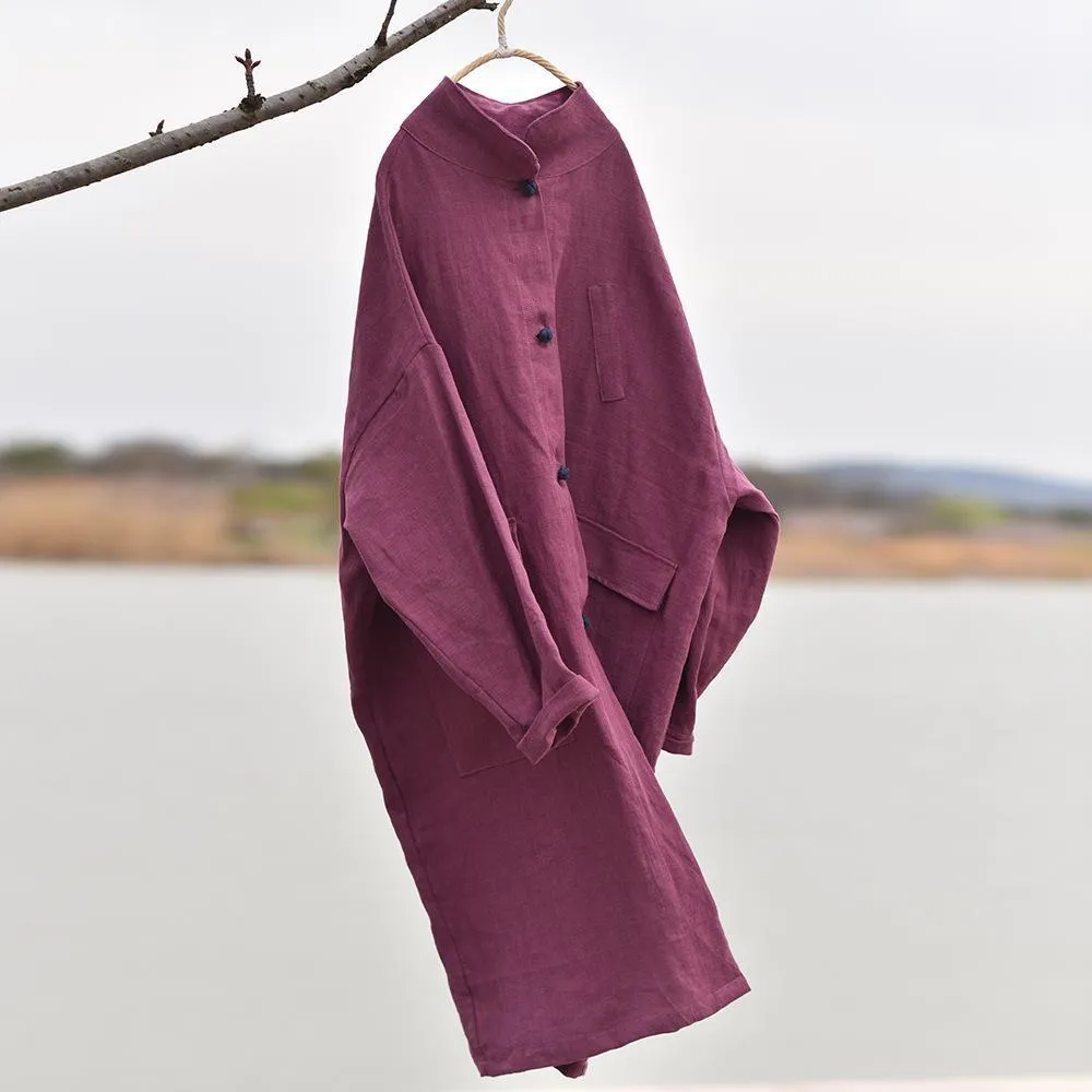 Babakud Women Autumn Cotton Linen Solid Colors Pocket Coat