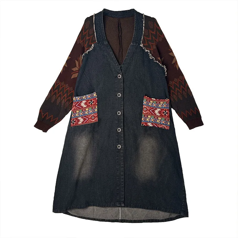 Babakud Women Autumn Retro Patchwork Denim Loose Coat