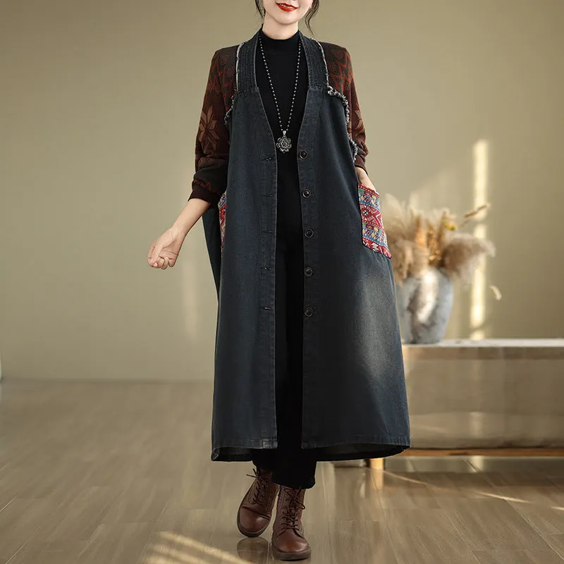 Babakud Women Autumn Retro Patchwork Denim Loose Coat