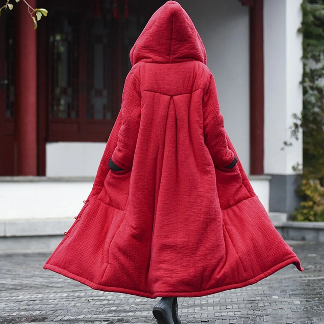 Babakud Women Winter Retro Cotton Linen Hooded Quilted Coat