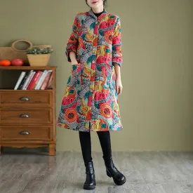 Babakud Women Winter Retro Loose Cotton Linen Printed Quilted Coat