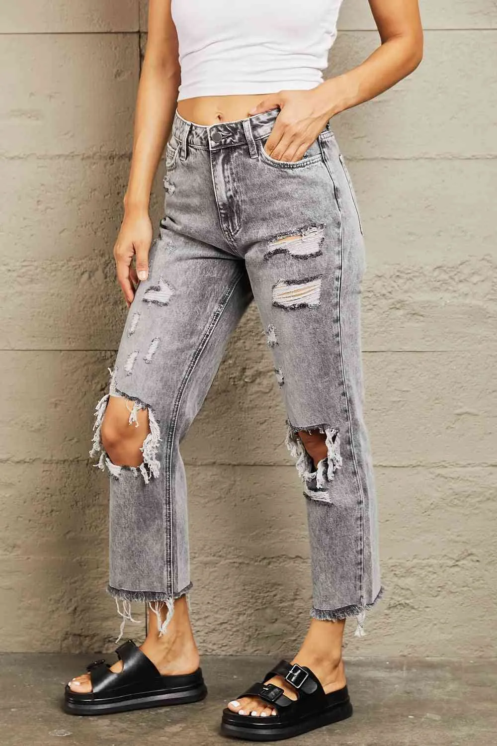 BAYEAS Acid Wash Distressed Straight Jeans