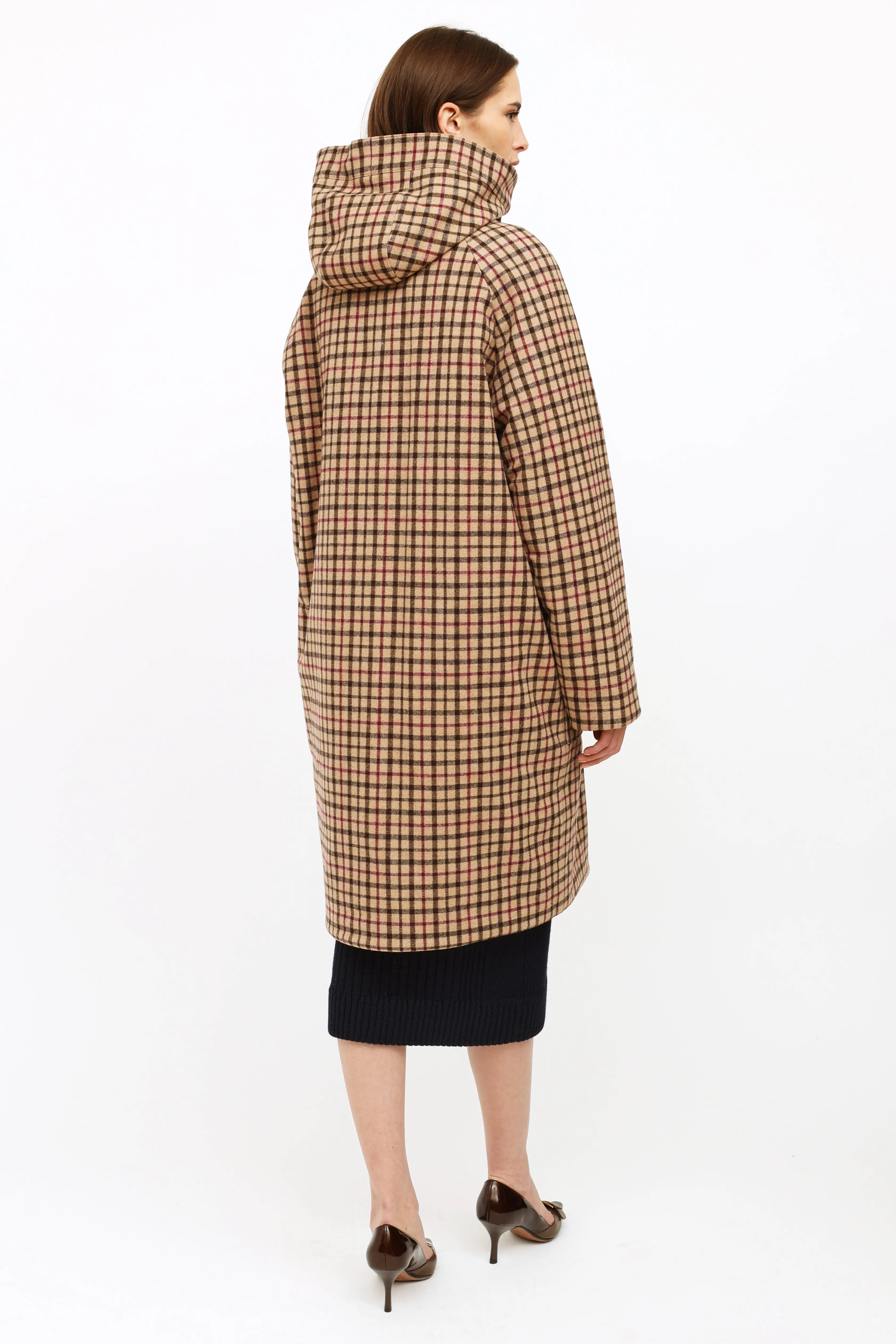 Beige Plaid Wool Trench Coat