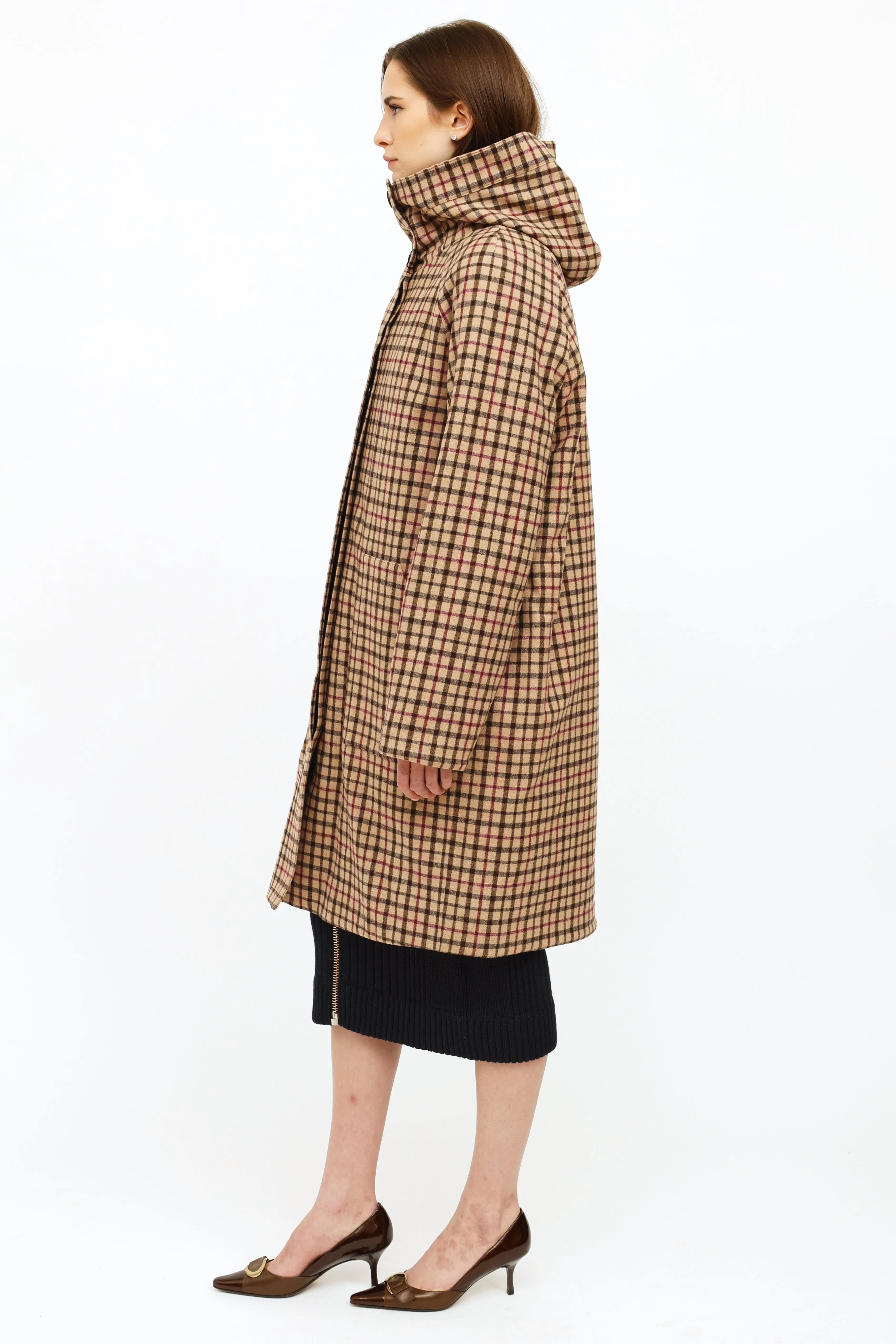 Beige Plaid Wool Trench Coat