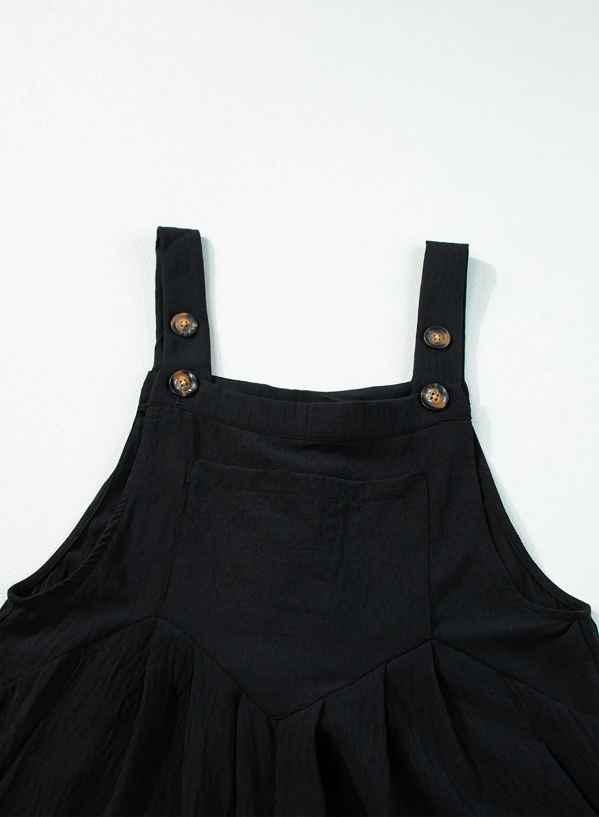 Black Buttoned Straps Crinkled Wide Leg Pocketed Overalls