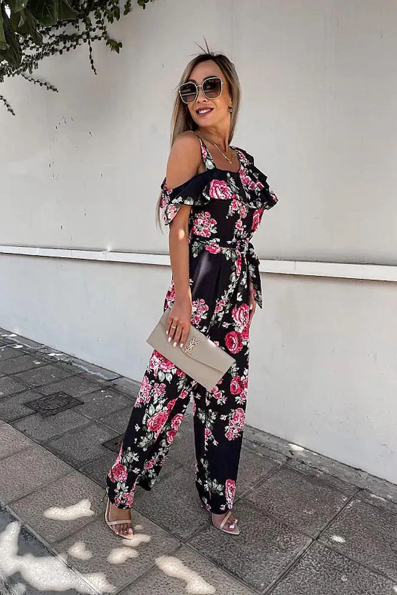 Black Floral Ruffle Detail Wide Leg Belted Jumpsuit