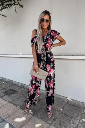 Black Floral Ruffle Detail Wide Leg Belted Jumpsuit