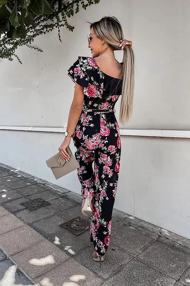 Black Floral Ruffle Detail Wide Leg Belted Jumpsuit