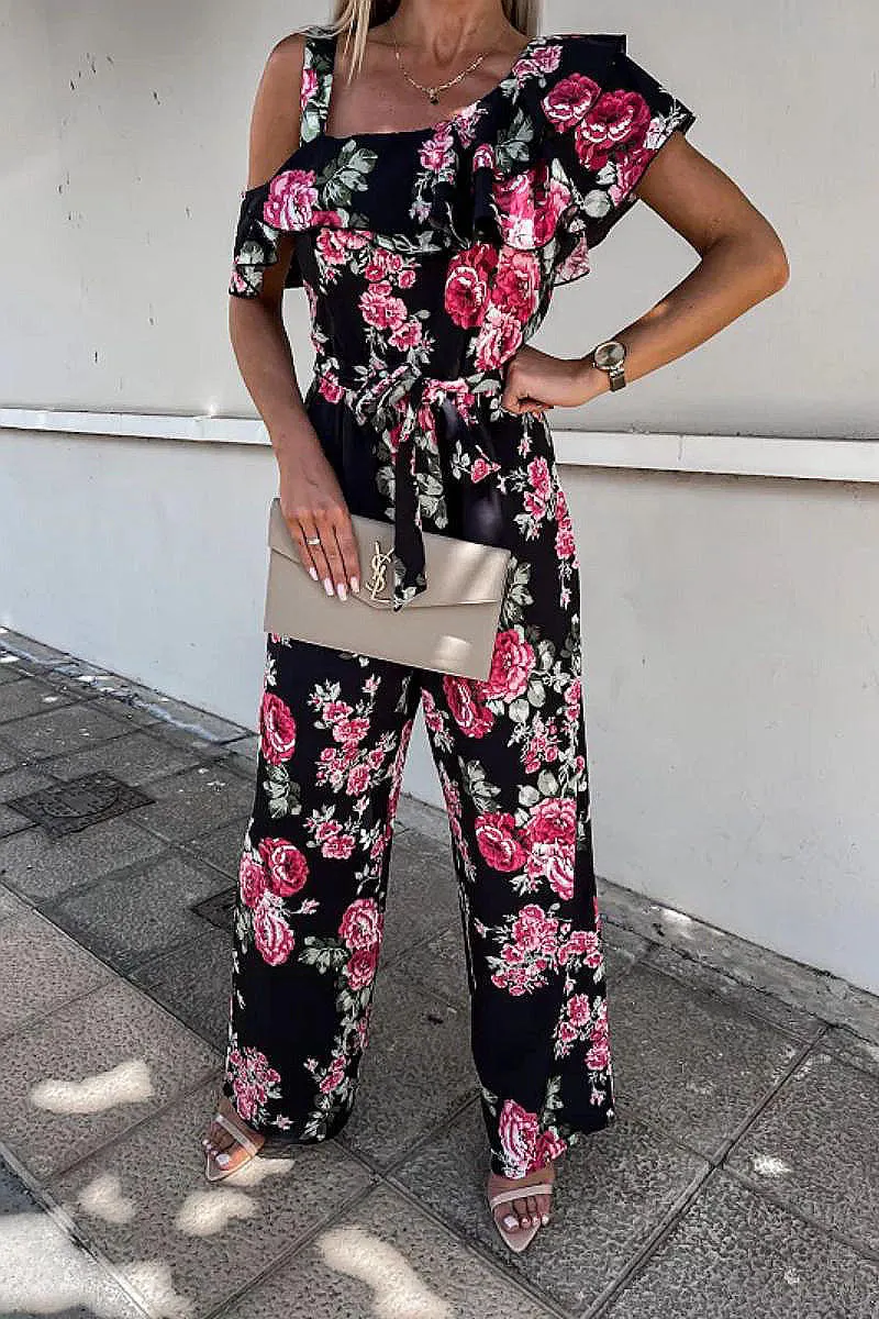 Black Floral Ruffle Detail Wide Leg Belted Jumpsuit