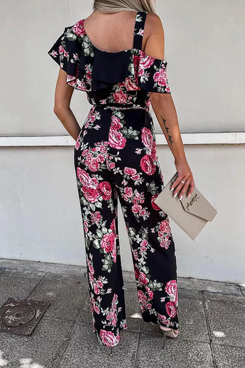 Black Floral Ruffle Detail Wide Leg Belted Jumpsuit