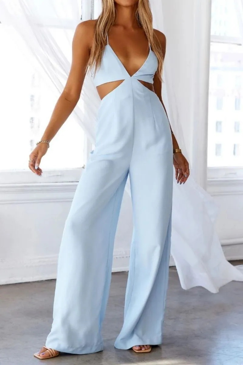 Blue Cut Out Waist Wide Leg Jumpsuit