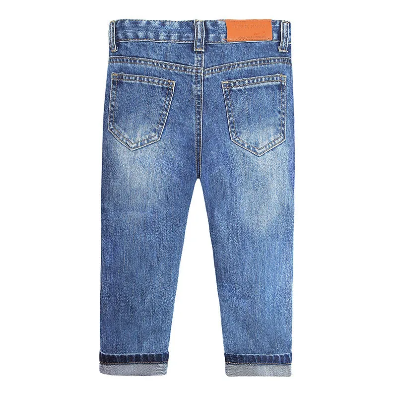 Boys Girls Washed Cuffed Jeans Solid Slim Pants