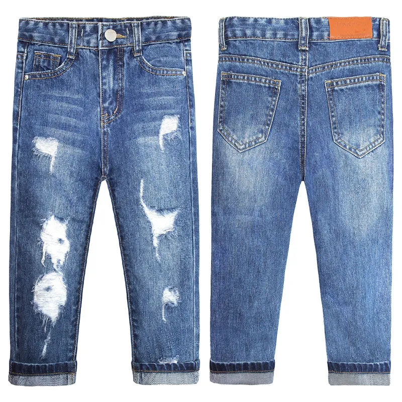 Boys Girls Washed Cuffed Jeans Solid Slim Pants