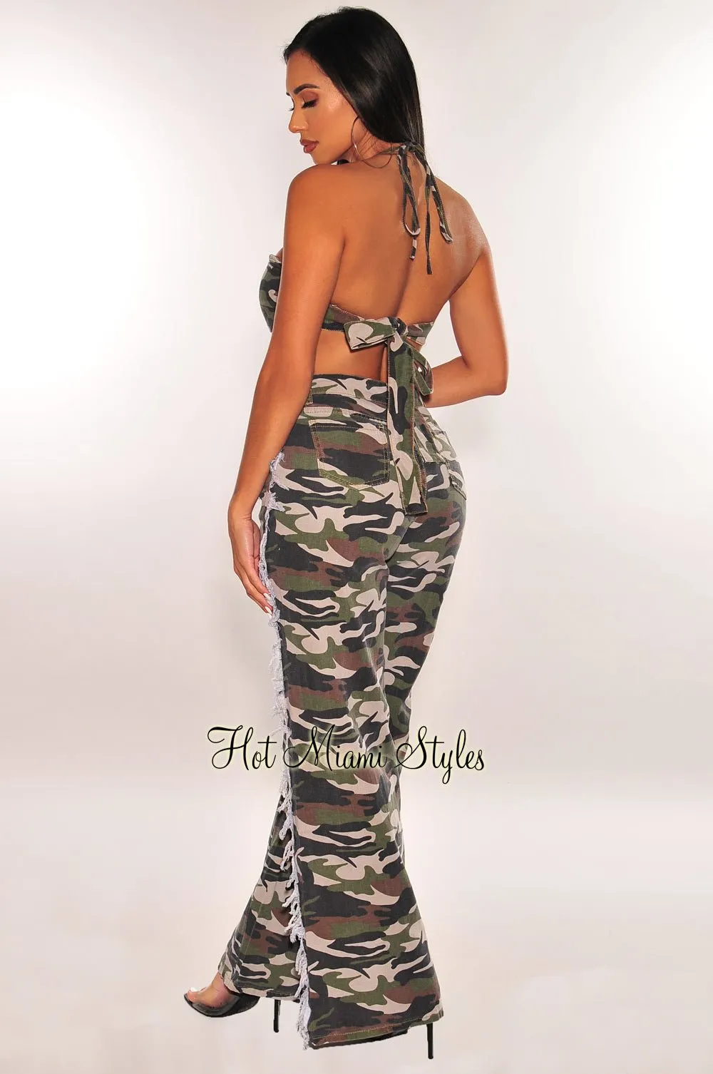 Camo Print Halter Padded Destroyed Jeans Two Piece Set