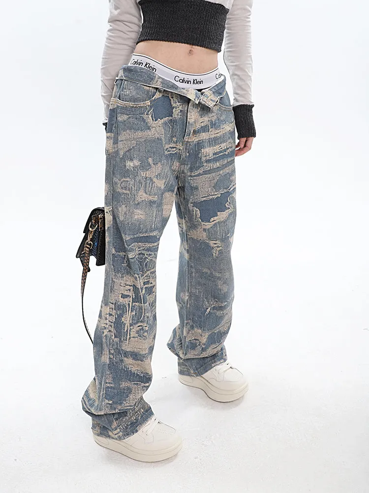 Chaya Graphic Print Blue Denim Straight Leg High Waist Jeans Pants