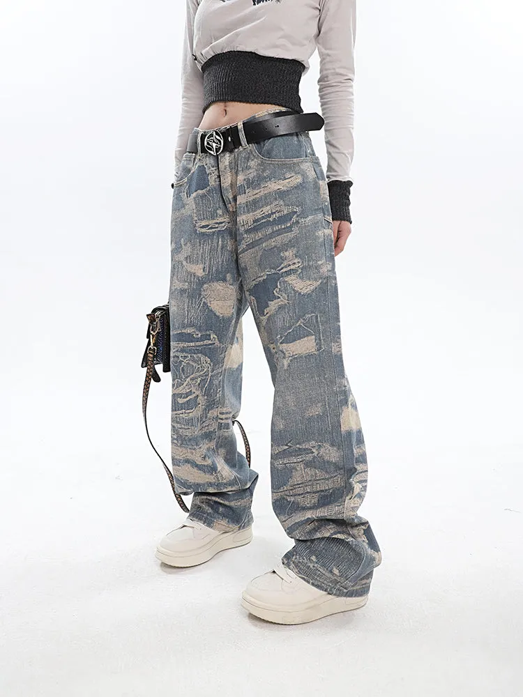 Chaya Graphic Print Blue Denim Straight Leg High Waist Jeans Pants