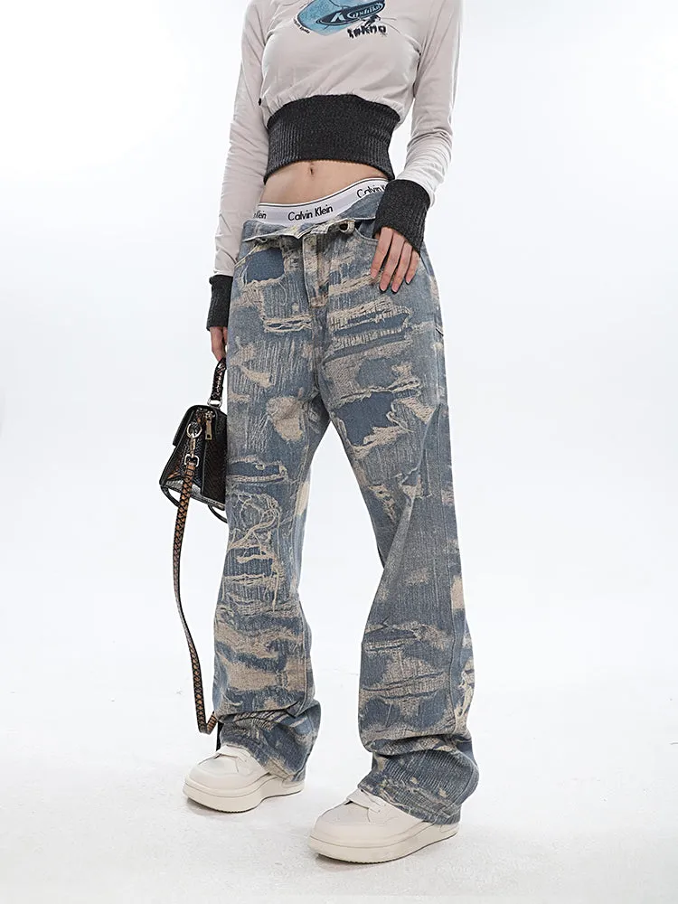 Chaya Graphic Print Blue Denim Straight Leg High Waist Jeans Pants