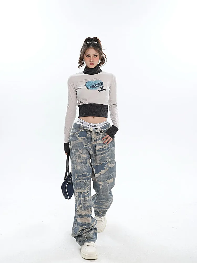 Chaya Graphic Print Blue Denim Straight Leg High Waist Jeans Pants