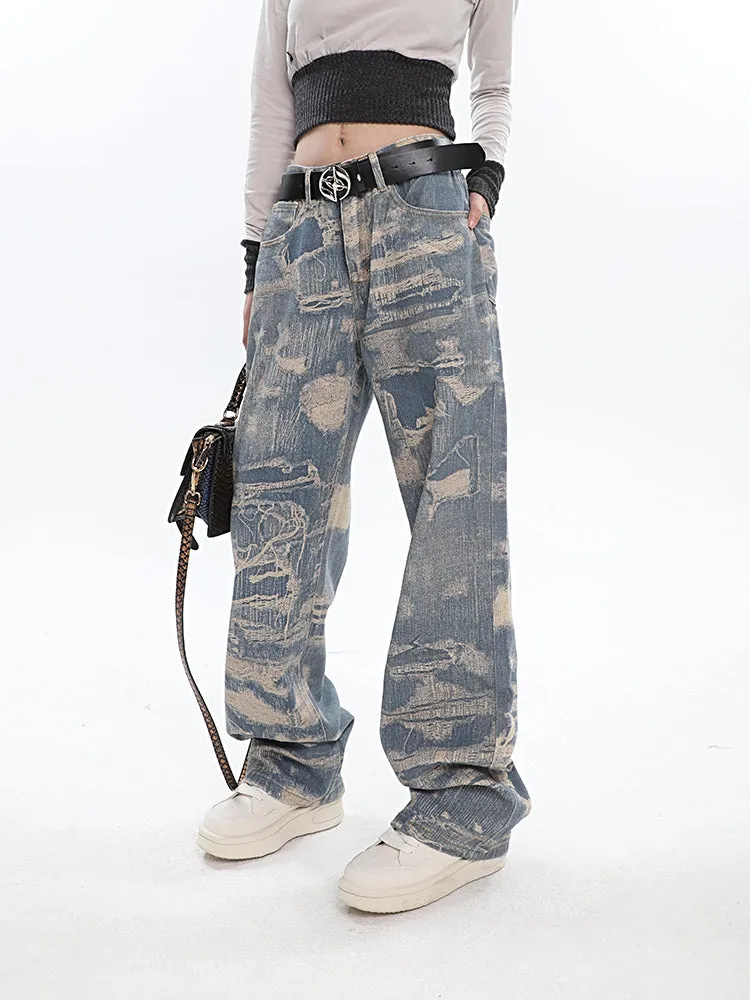 Chaya Graphic Print Blue Denim Straight Leg High Waist Jeans Pants