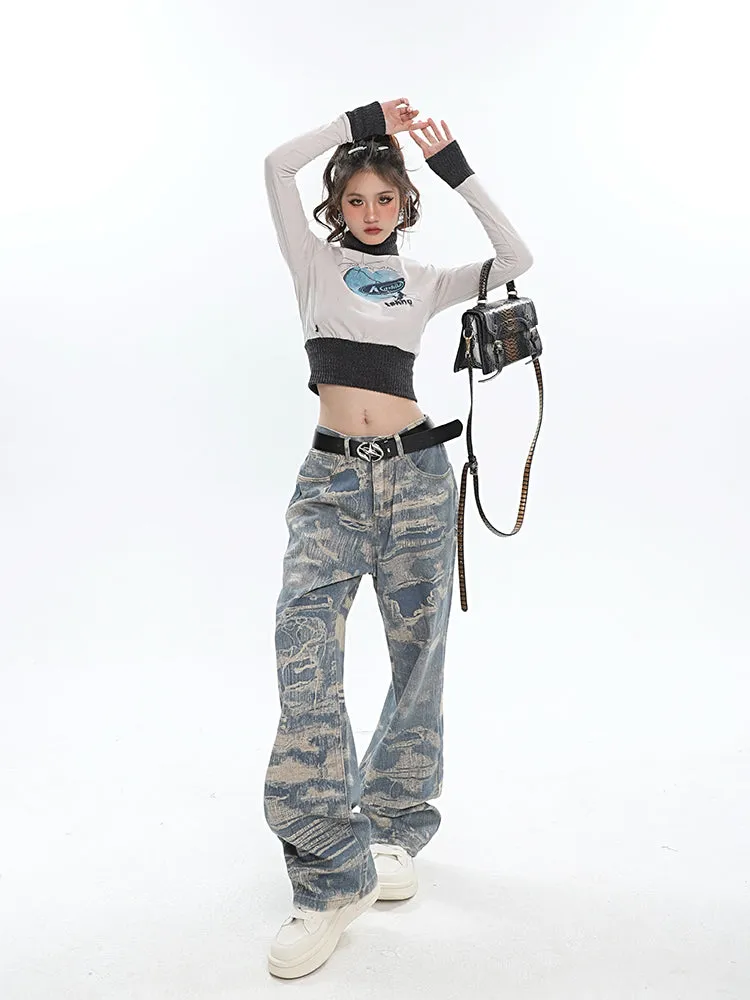 Chaya Graphic Print Blue Denim Straight Leg High Waist Jeans Pants