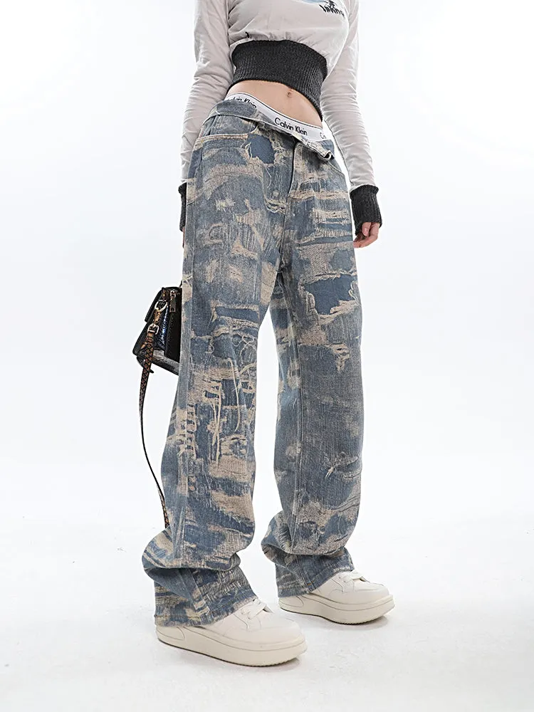 Chaya Graphic Print Blue Denim Straight Leg High Waist Jeans Pants