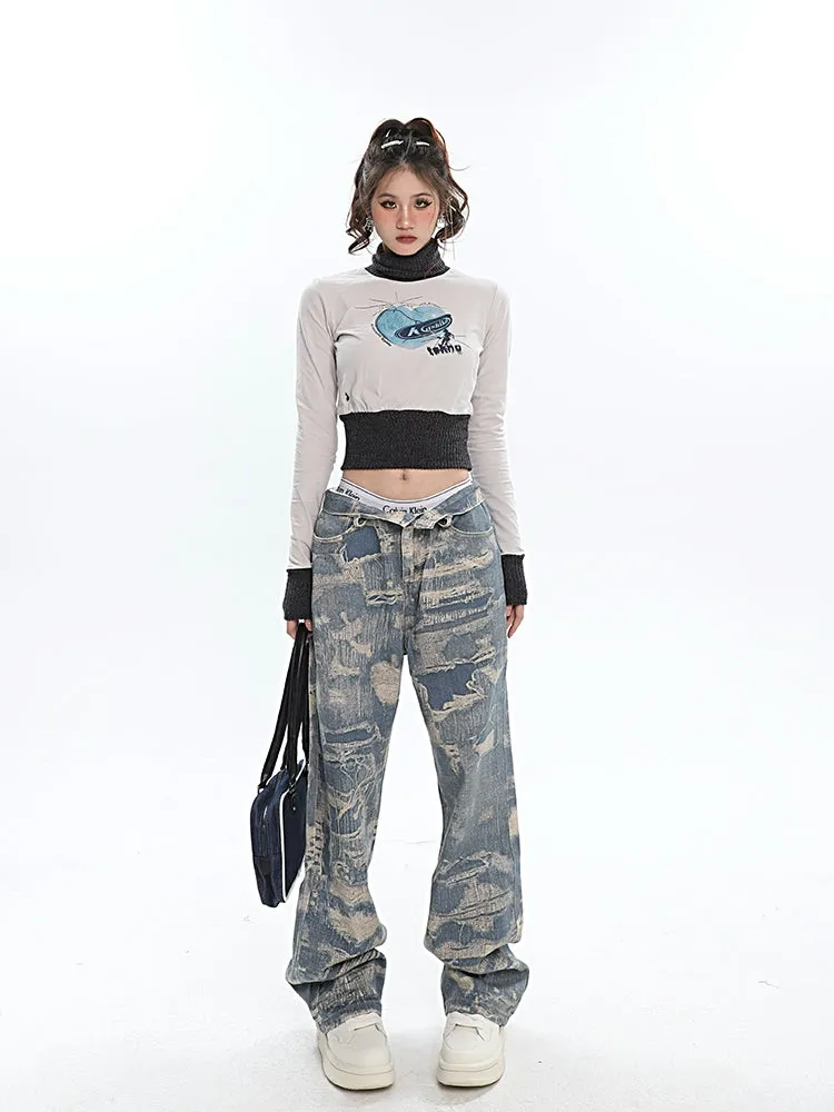 Chaya Graphic Print Blue Denim Straight Leg High Waist Jeans Pants