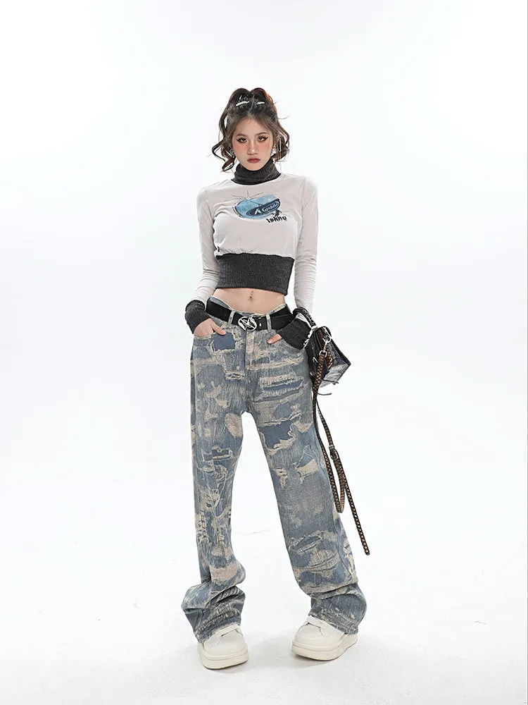 Chaya Graphic Print Blue Denim Straight Leg High Waist Jeans Pants