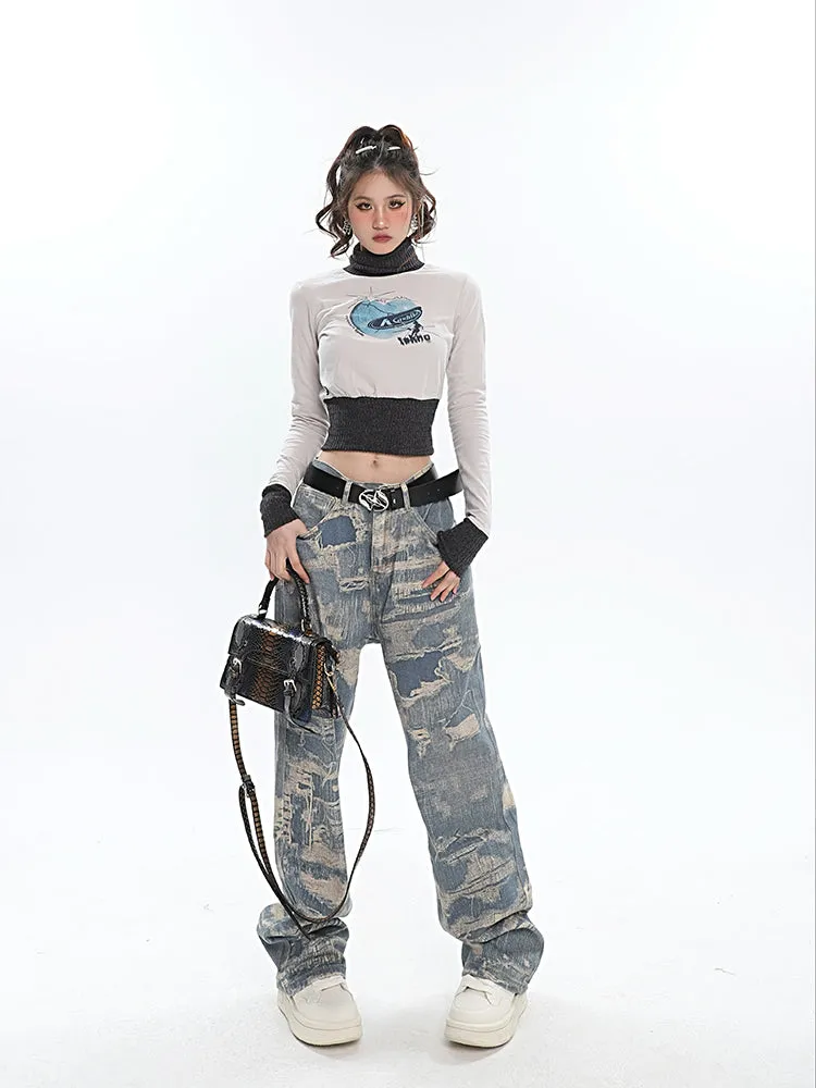 Chaya Graphic Print Blue Denim Straight Leg High Waist Jeans Pants