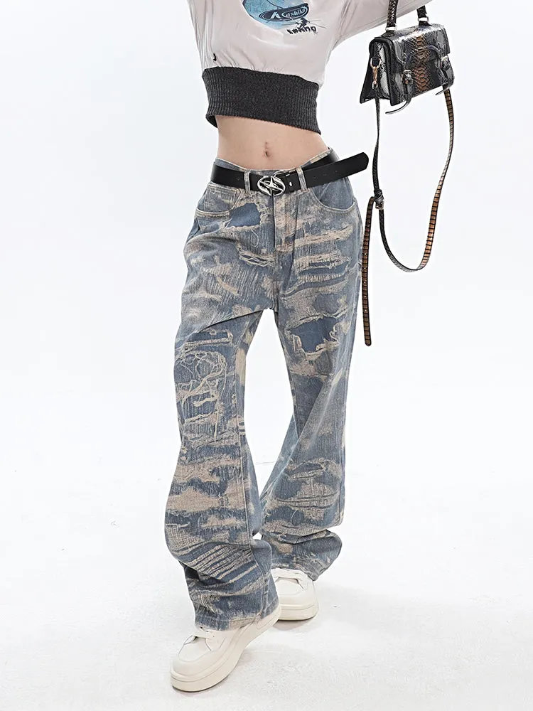 Chaya Graphic Print Blue Denim Straight Leg High Waist Jeans Pants