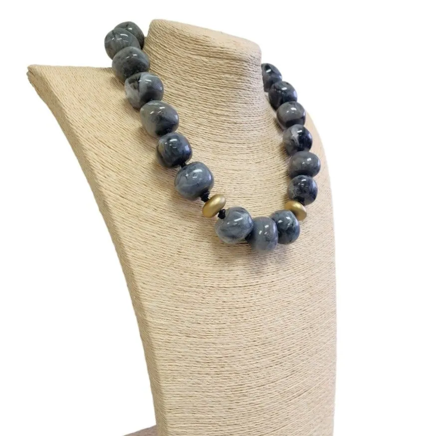 Chunky Dark Navy Blue & Gold Beaded Necklace