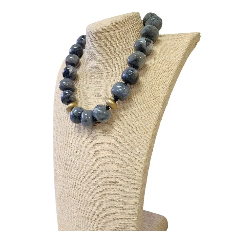 Chunky Dark Navy Blue & Gold Beaded Necklace