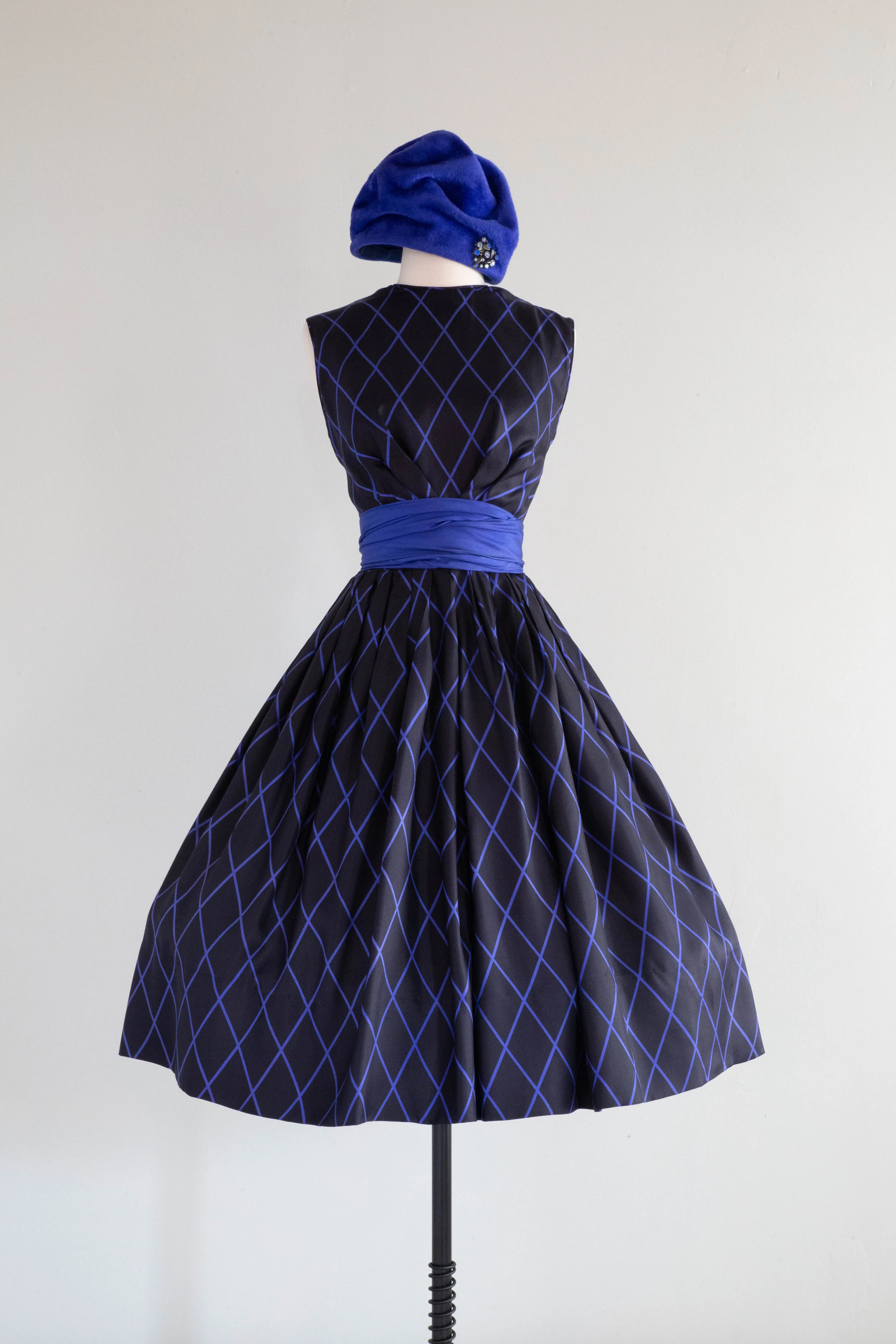 Classic 1950's Black & Blue Diamond Print Silk Dress From Peck & Peck / Medium