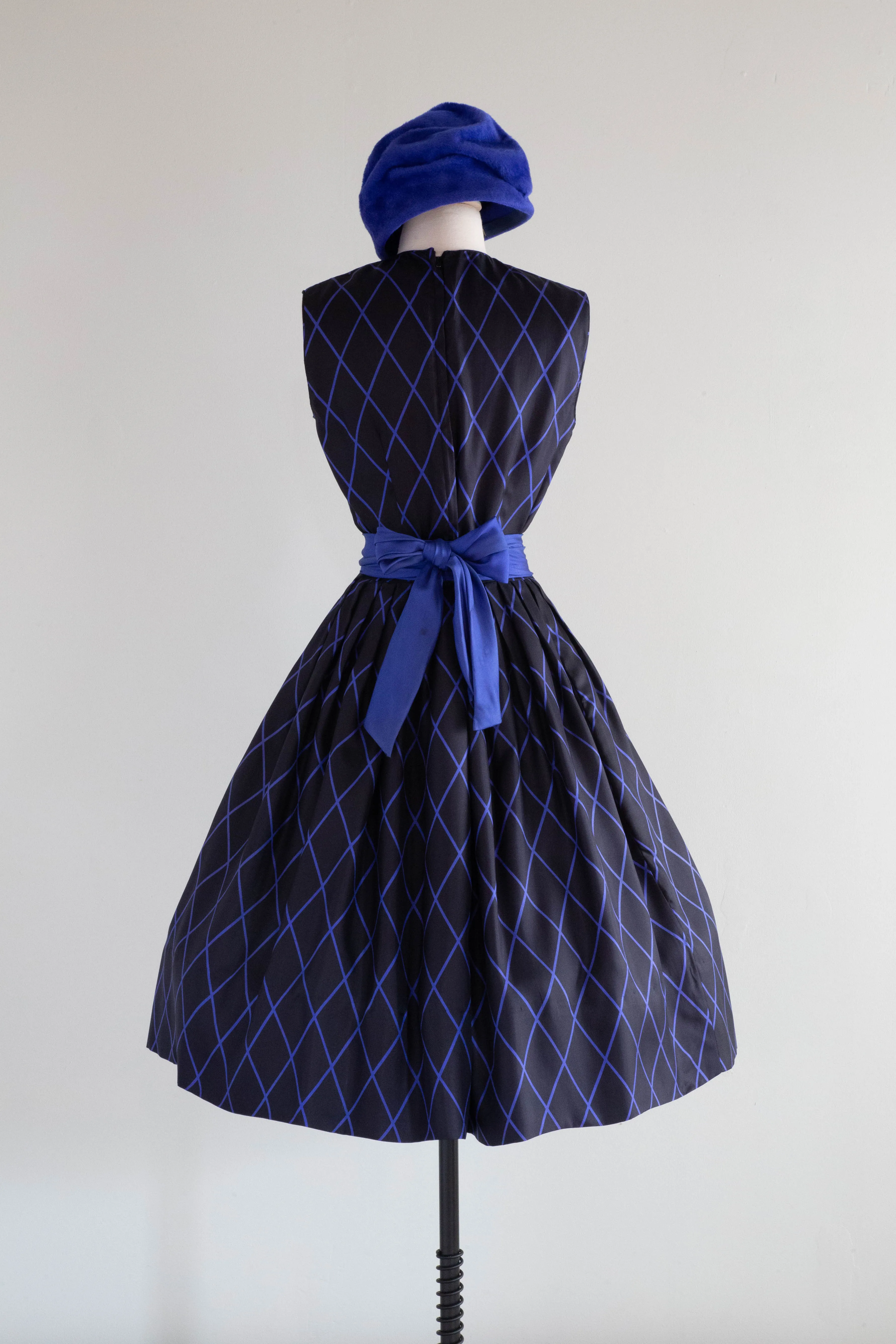 Classic 1950's Black & Blue Diamond Print Silk Dress From Peck & Peck / Medium