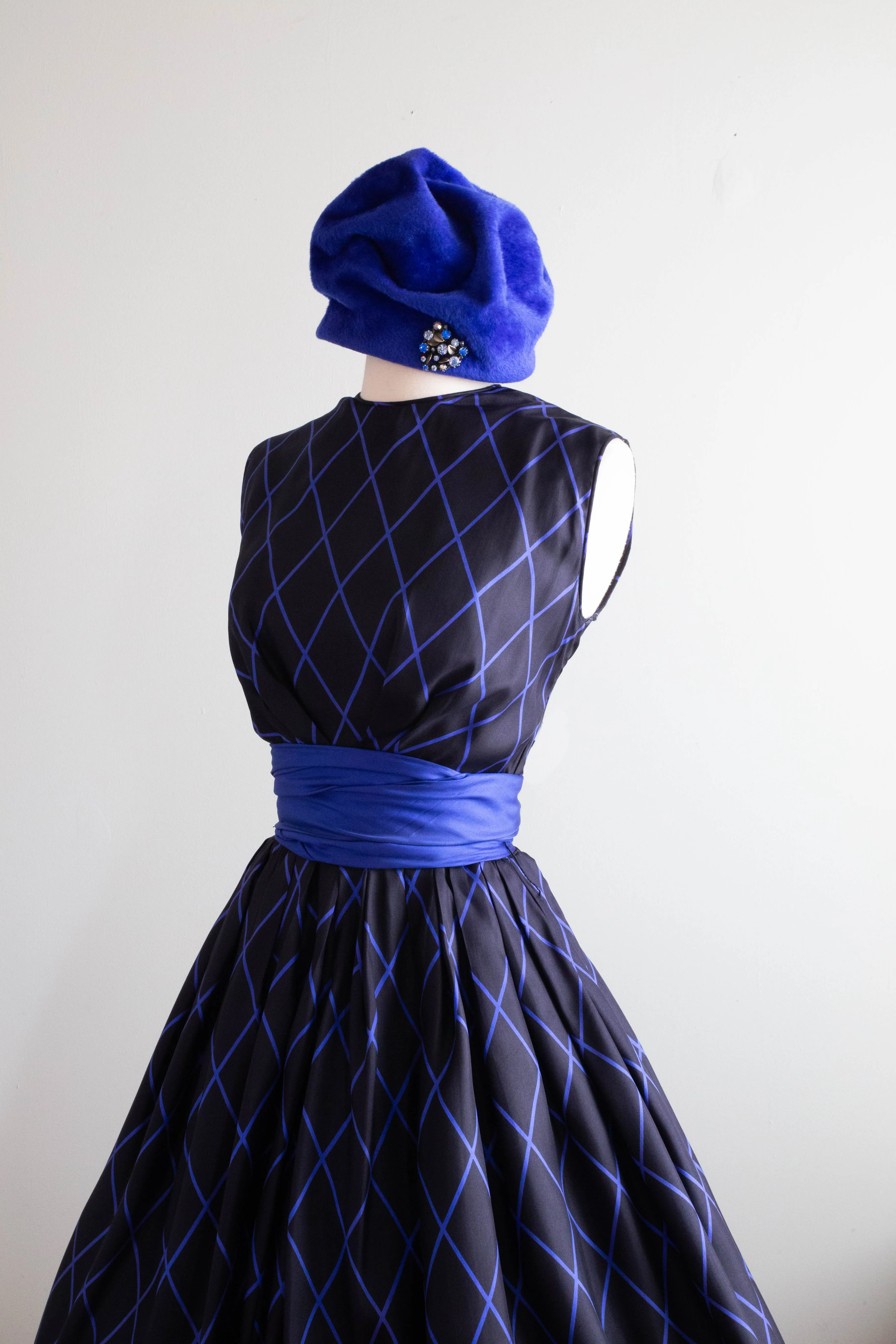 Classic 1950's Black & Blue Diamond Print Silk Dress From Peck & Peck / Medium