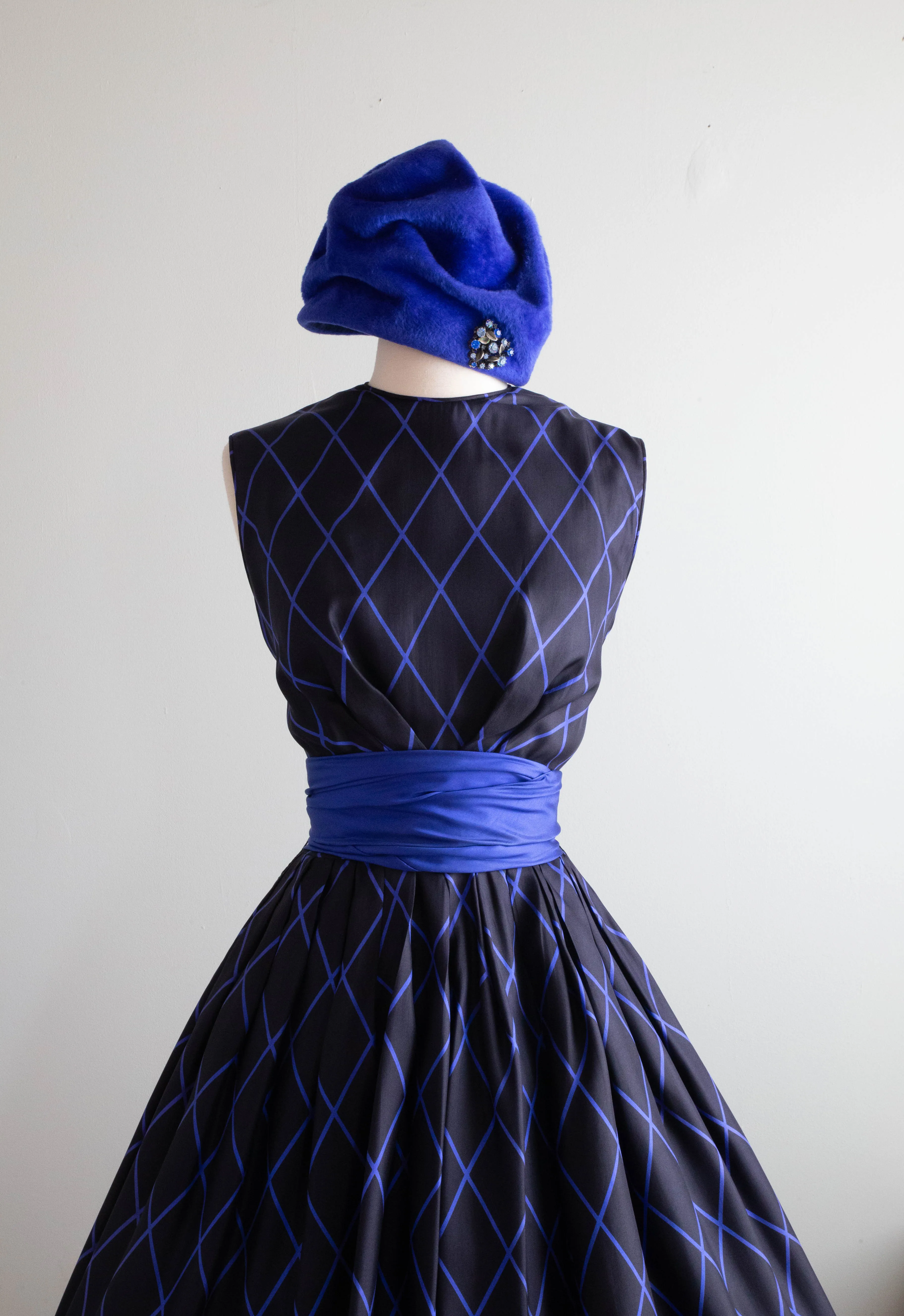 Classic 1950's Black & Blue Diamond Print Silk Dress From Peck & Peck / Medium