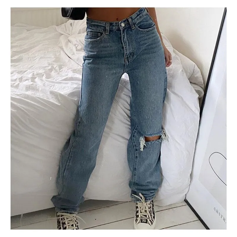 Denim Ripped Jeans For Women Cargo Pants Women Mom Jean High Waist Jeans Fashion Holes Thin Women's Baggy Jeans Long trousers