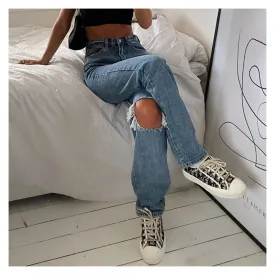 Denim Ripped Jeans For Women Cargo Pants Women Mom Jean High Waist Jeans Fashion Holes Thin Women's Baggy Jeans Long trousers