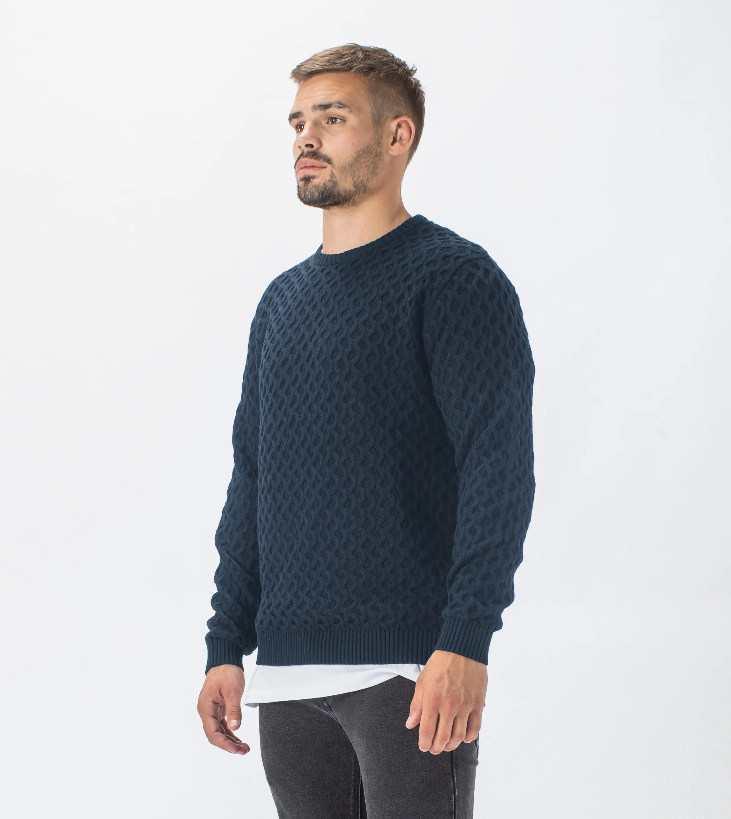 Diamond Crew Knit Navy - Sale