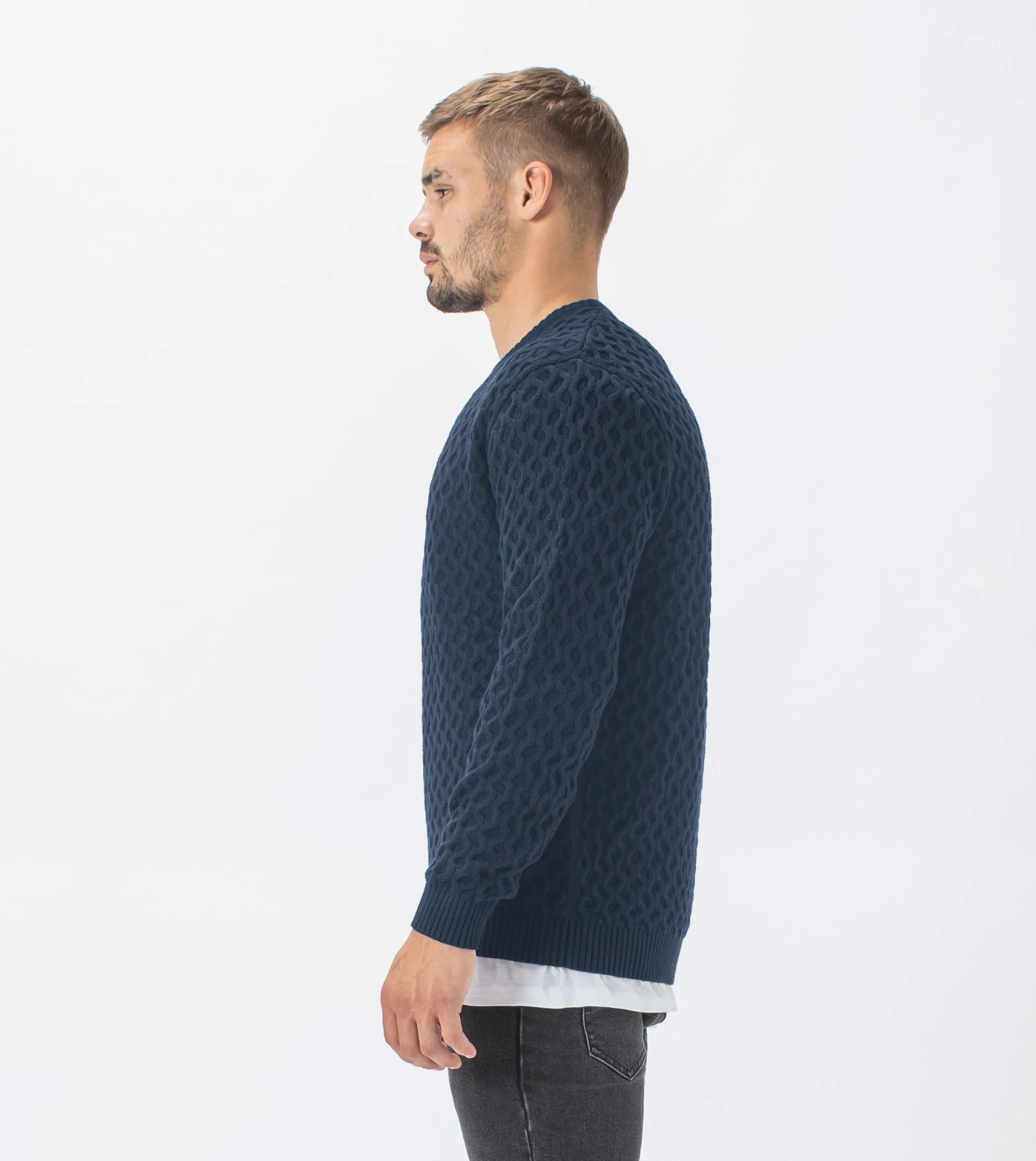 Diamond Crew Knit Navy - Sale